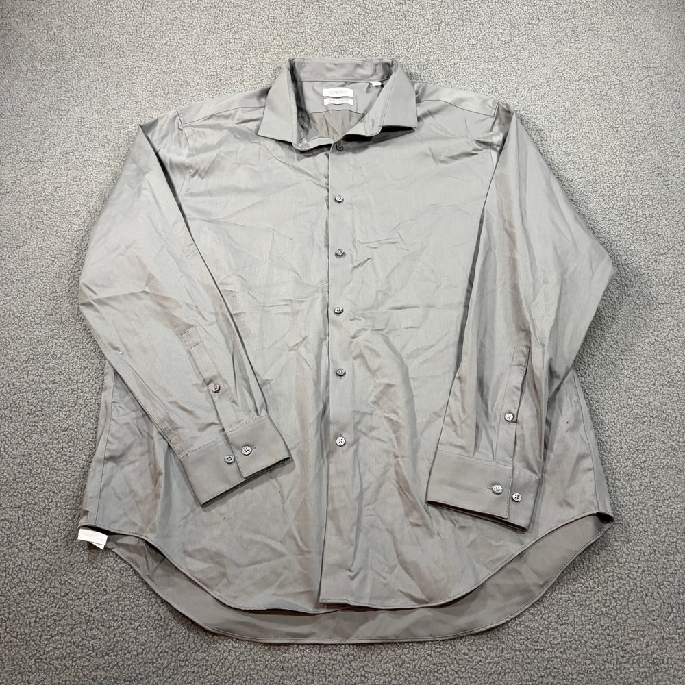 Calvin Klein Button Down Mens 18 34/35 Gray Infinite Non Iron Slim Fit Stretch
